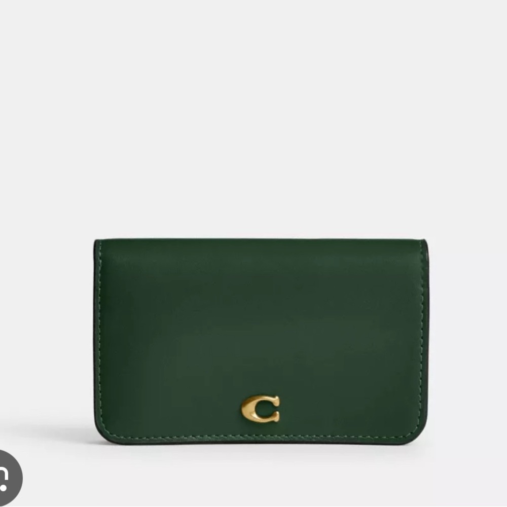 COACH Slim Card Case Wallet in Hunter Green w/ Smooth Leather & Brass Details